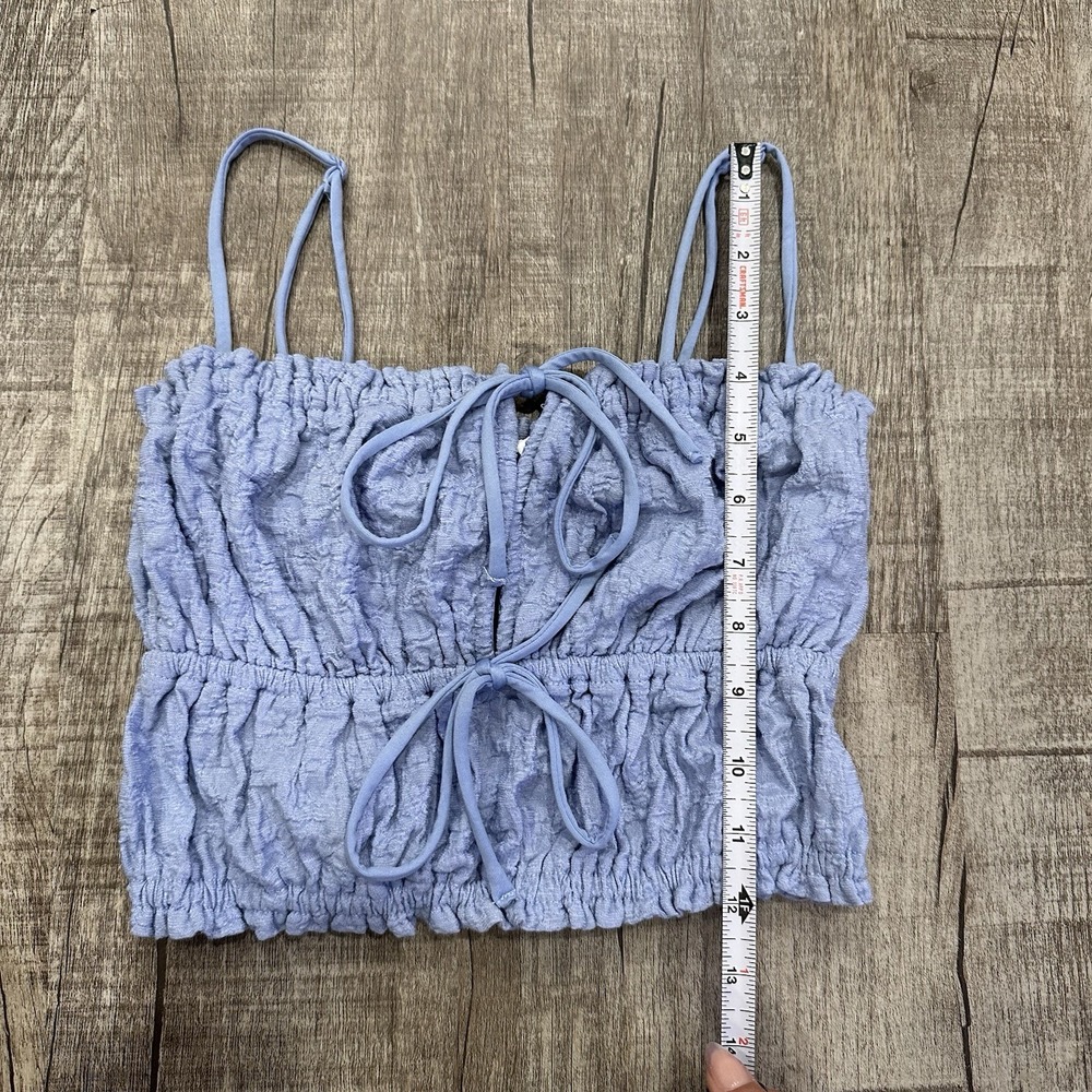 Garage Women's Crop Top P/S Blue Crunch Knit Tie Front Cami Smocked NWT - Picture 3 of 7